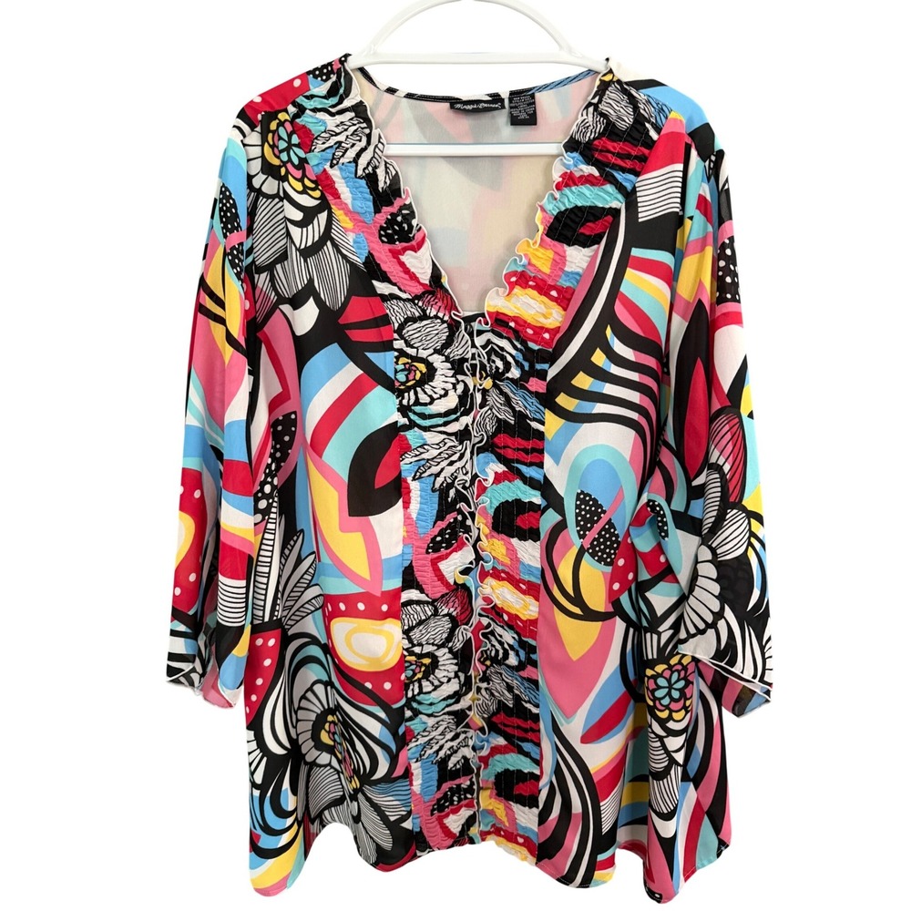 Maggie Barnes Multi Abstract Floral Blouse‎ 3X Ruffled Oversize Playful Buttons